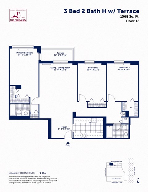 Floor plan for 3 beds, 2 baths, 1564 sqft